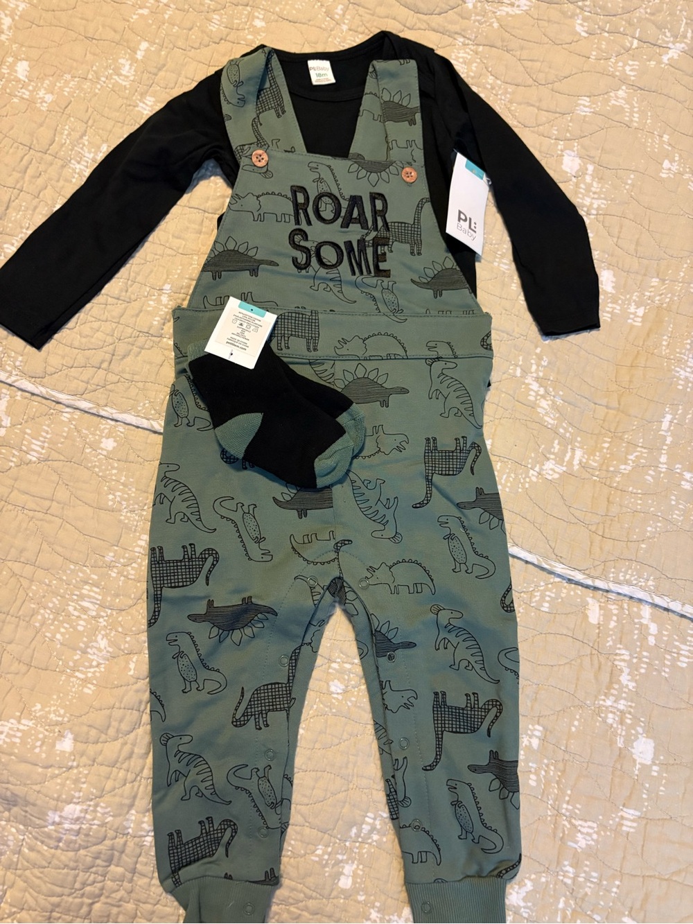 Roar-some Dinosaur Overalls Matching Set - Green & Black